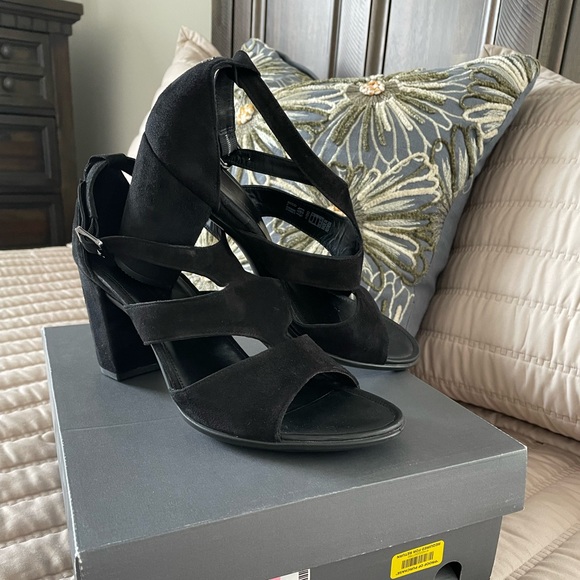 Ecco Shoes - Ecco Black Suede Strappy Block Heel Sandals